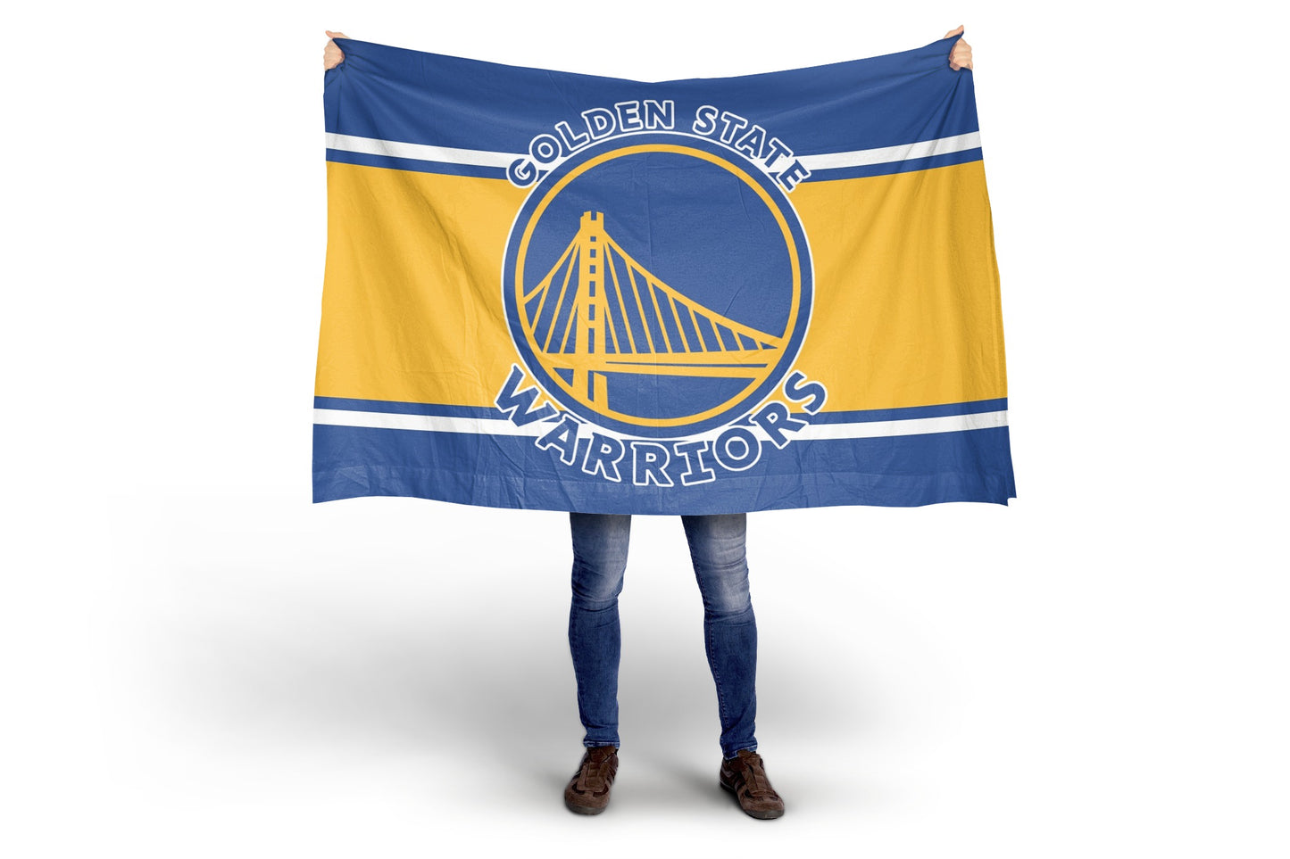 Person holding a Golden State Warriors flag on a white background
