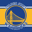 Golden State Warriors logo on a blue and yellow striped background