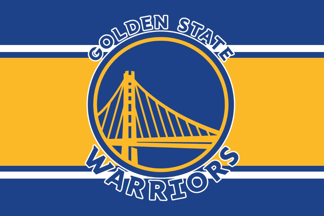 Golden State Warriors logo on a blue and yellow striped background