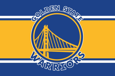 Golden State Warriors logo on a blue and yellow striped background
