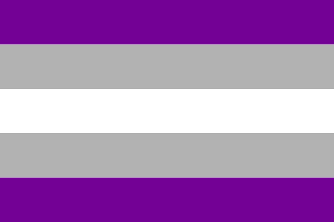 Flag with purple, gray, and white horizontal stripes. represents the graysexual pride.