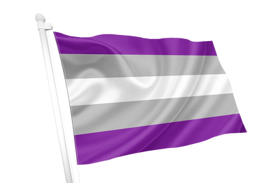 Flag with purple, gray, and white horizontal stripes. represents the graysexual pride.