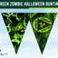 Two green triangular pennants with zombie-themed graphics on a light blue sky background. One pennant shows a green zombie face breaking glass, and the other shows a yellow biohazard symbol with the words 'Zombie Shelter' and 'Outbreak.