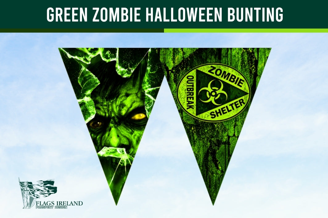 Two green triangular pennants with zombie-themed graphics on a light blue sky background. One pennant shows a green zombie face breaking glass, and the other shows a yellow biohazard symbol with the words 'Zombie Shelter' and 'Outbreak.