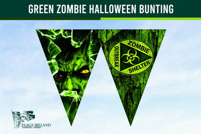 Two green triangular pennants with zombie-themed graphics on a light blue sky background. One pennant shows a green zombie face breaking glass, and the other shows a yellow biohazard symbol with the words 'Zombie Shelter' and 'Outbreak.