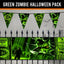 Green zombie-themed Halloween party decoration set including a banner, bunting flags, and a black metal fence backdrop with spooky graphics.