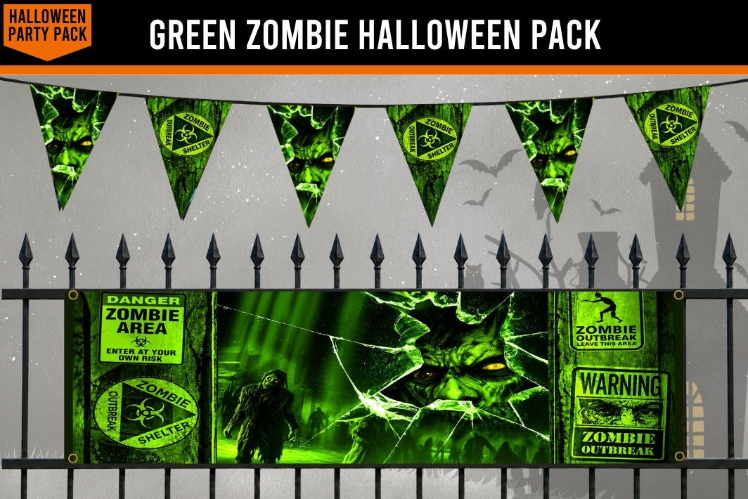 Green zombie-themed Halloween party decoration set including a banner, bunting flags, and a black metal fence backdrop with spooky graphics.