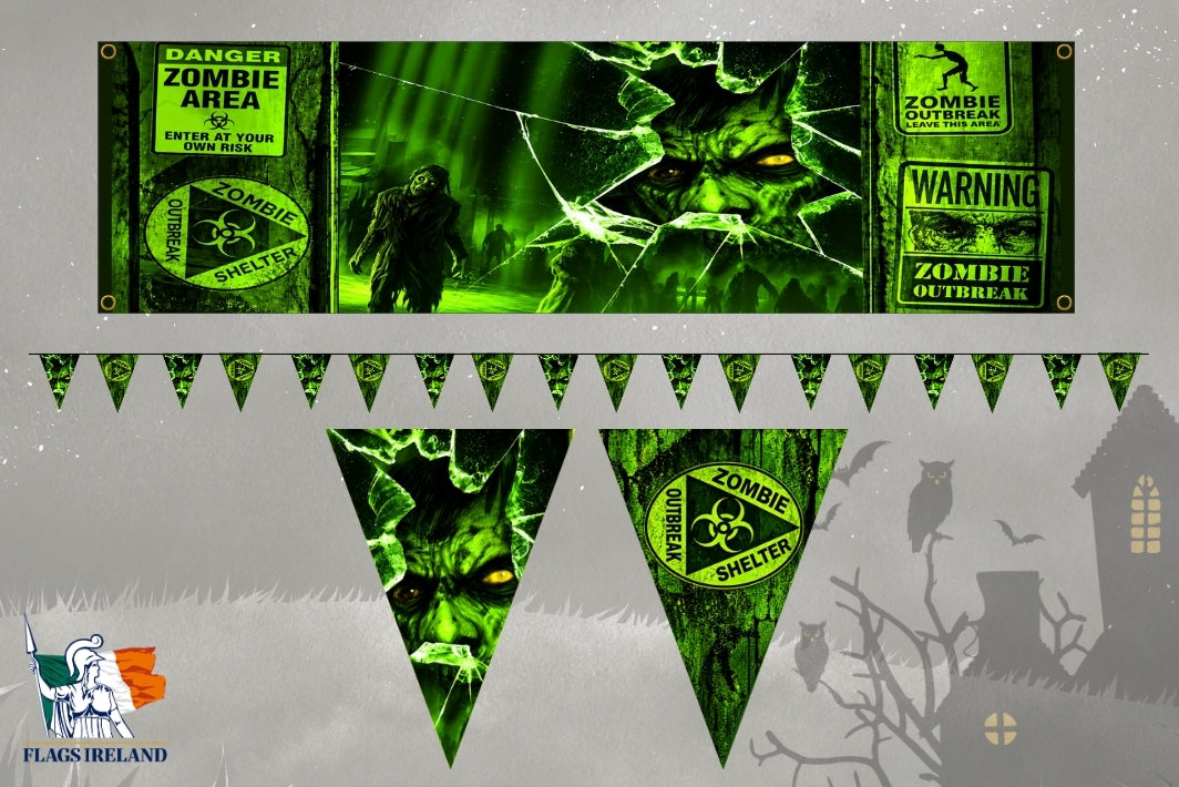 Halloween-themed zombie warning sign bunting set, featuring rectangular and triangular pennant banners with green zombie graphics, biohazard symbols, and distressed warning label designs.