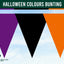 Halloween colours bunting banner with three large triangular pennants in purple, black, and orange, displayed against a light blue sky background. A dark green header at the top reads 'HALLOWEEN COLOURS BUNTING' and a 'Flags Ireland' logo appears in the lower left corner.