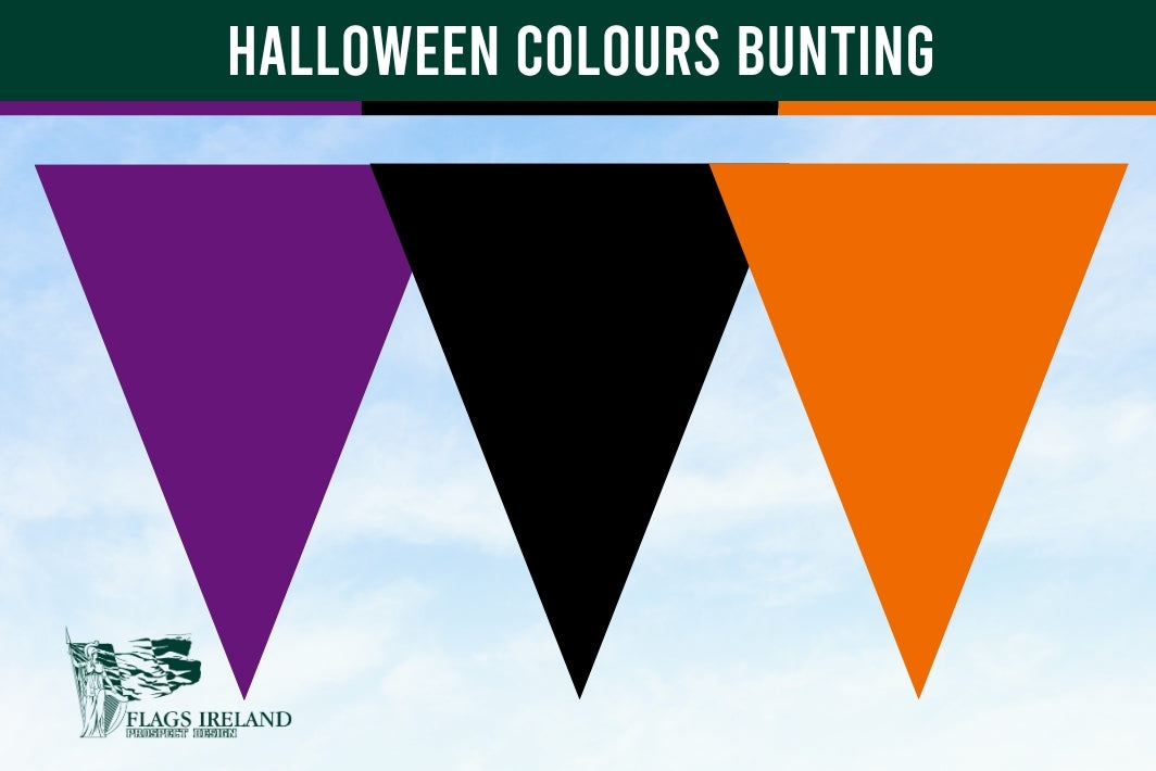 Halloween colours bunting banner with three large triangular pennants in purple, black, and orange, displayed against a light blue sky background. A dark green header at the top reads 'HALLOWEEN COLOURS BUNTING' and a 'Flags Ireland' logo appears in the lower left corner.