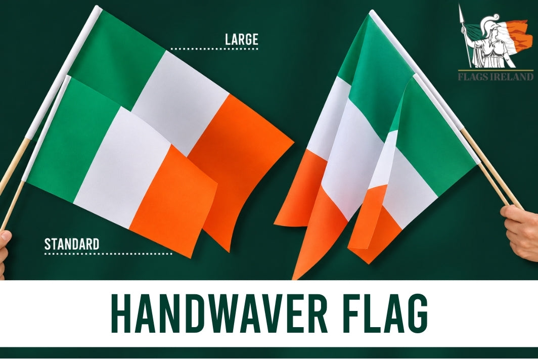 Two Irish handwaver flags being held against a green background with 'Plays Ireland' branding.
