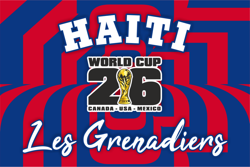 Promotional graphic for Haiti's participation in the 2026 World Cup with national colors and text.