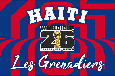 Promotional graphic for Haiti's participation in the 2026 World Cup with national colors and text.
