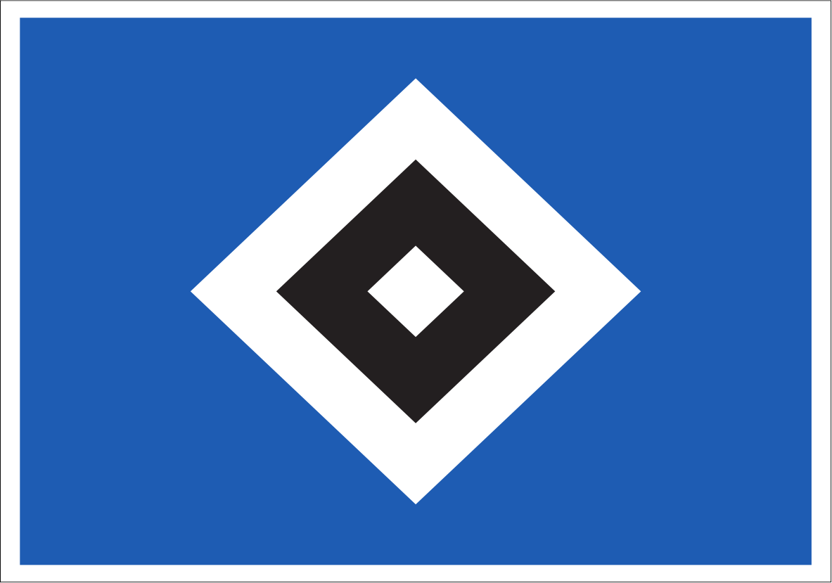 Hamburger SV Flag. A square blue flag or sign with a white border, featuring a large white diamond containing a smaller dark navy diamond and a tiny white diamond in the center.