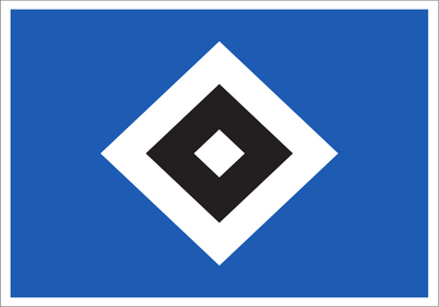 Hamburger SV Flag. A square blue flag or sign with a white border, featuring a large white diamond containing a smaller dark navy diamond and a tiny white diamond in the center.