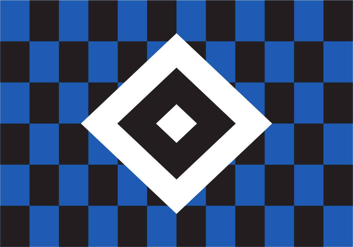 Hamburger SV Chequered Flag. A graphic design featuring a blue and black checkered pattern background with a large white diamond in the center containing nested black diamonds.