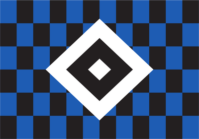 Hamburger SV Chequered Flag. A graphic design featuring a blue and black checkered pattern background with a large white diamond in the center containing nested black diamonds.
