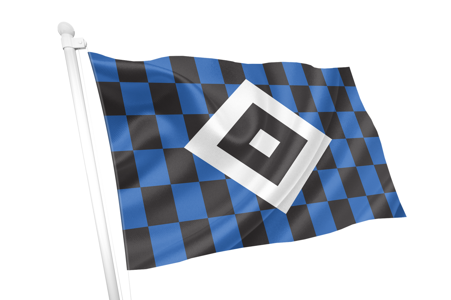 Hamburger SV Chequered Flag. A flag on a white pole featuring a black and blue checkered pattern with a large white square containing a smaller black square in the center, shown against a plain white background.