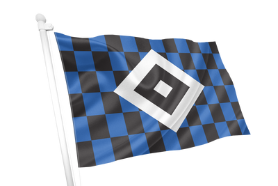 Hamburger SV Chequered Flag. A flag on a white pole featuring a black and blue checkered pattern with a large white square containing a smaller black square in the center, shown against a plain white background.