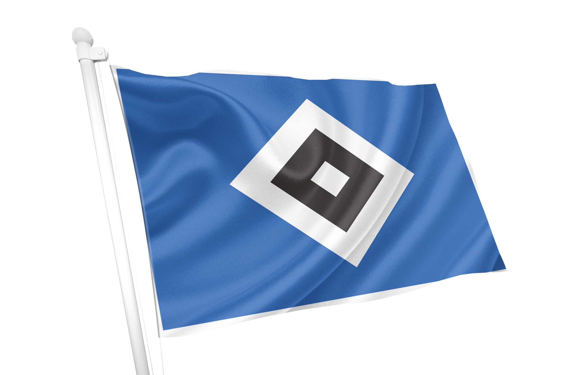Hamburger SV Flag. A blue flag on a white pole featuring a white-bordered black square centered on the flag, shown against a plain white background.