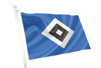 Hamburger SV Flag. A blue flag on a white pole featuring a white-bordered black square centered on the flag, shown against a plain white background.