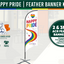 Promotional image of a 'Happy Pride' feather banner kit with branding and product details.