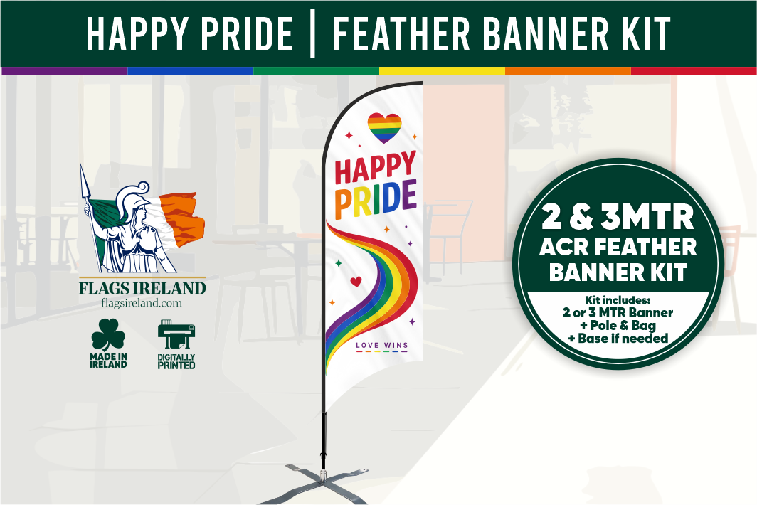 Promotional image of a 'Happy Pride' feather banner kit with branding and product details.