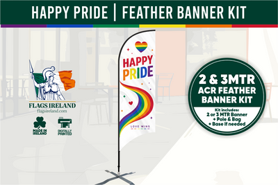 Promotional image of a 'Happy Pride' feather banner kit with branding and product details.