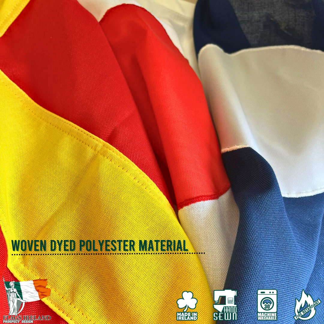 Heavy Woven dyed polyester flags showing applique stitching and double hemmed joins 