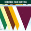 Color swatch for Heritage Fair Bunting with green, cream, brown, golden yellow, white, and maroon bunting flags against a blue sky.