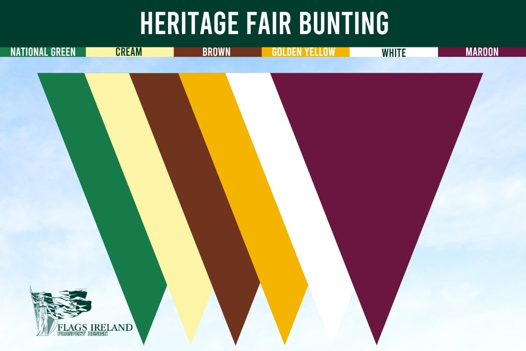 Color swatch for Heritage Fair Bunting with green, cream, brown, golden yellow, white, and maroon bunting flags against a blue sky.