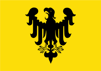 Holy Roman Empire Banner 962-1806 Flag. A bold black double-headed eagle emblem centered on a solid bright yellow background.