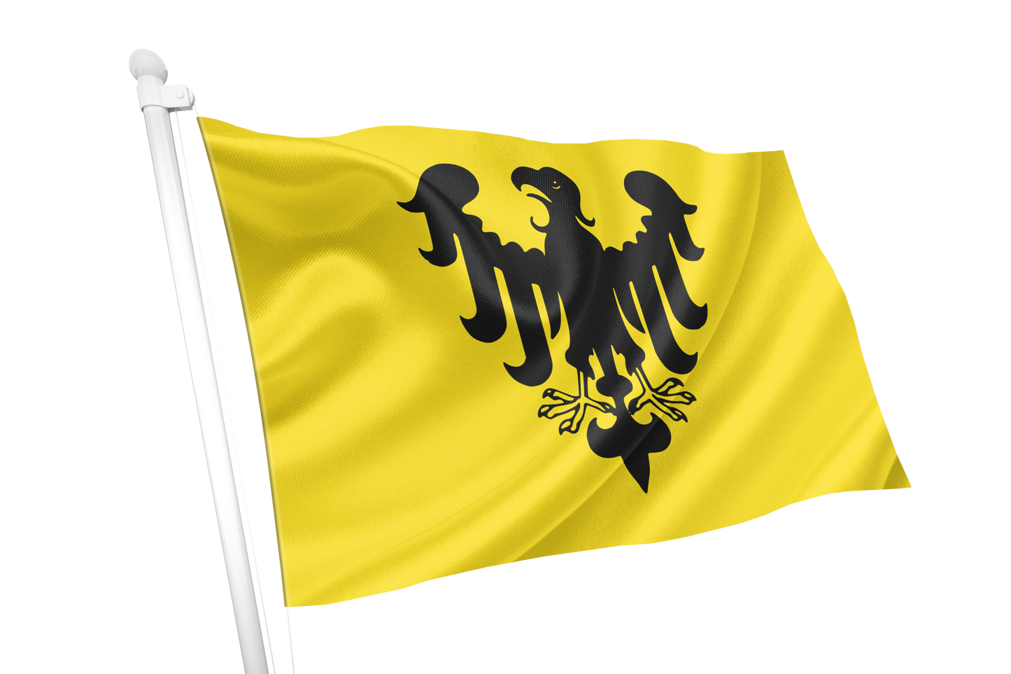 Holy Roman Empire Banner 962-1806 Flag. Yellow flag with a large black double-headed eagle emblem, attached to a white flagpole, shown against a plain white background.