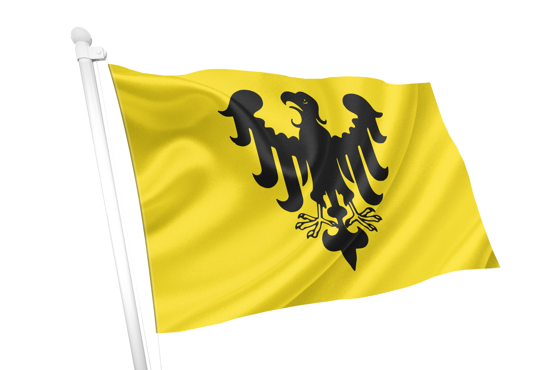 Holy Roman Empire Banner 962-1806 Flag. Yellow flag with a large black double-headed eagle emblem, attached to a white flagpole, shown against a plain white background.