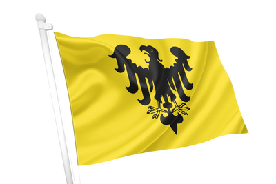 Holy Roman Empire Banner 962-1806 Flag. Yellow flag with a large black double-headed eagle emblem, attached to a white flagpole, shown against a plain white background.