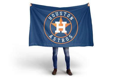Person holding a Houston Astros flag on a white background