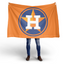 Person holding an orange flag with a logo featuring a large white 'H' on a white background
