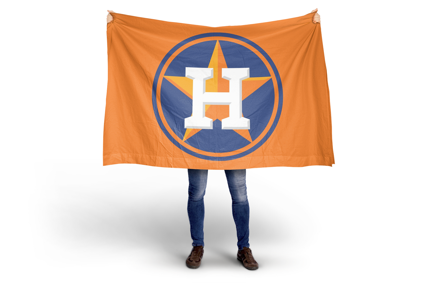 Person holding an orange flag with a logo featuring a large white 'H' on a white background