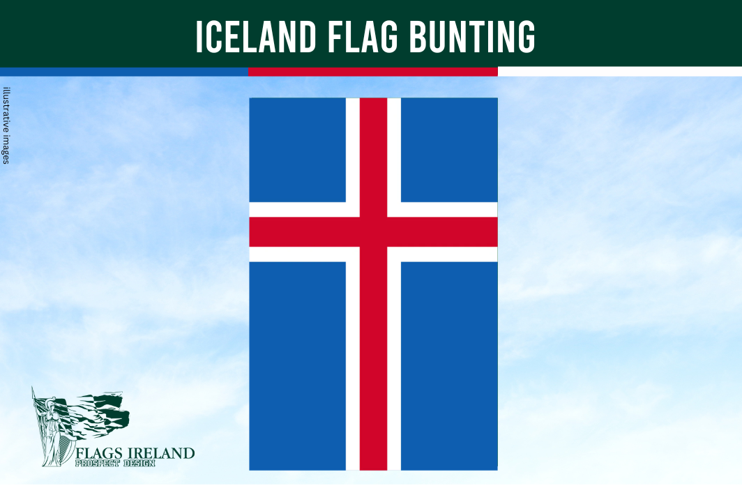 Iceland flag bunting with a blue sky background and 'Flags Ireland' logo.