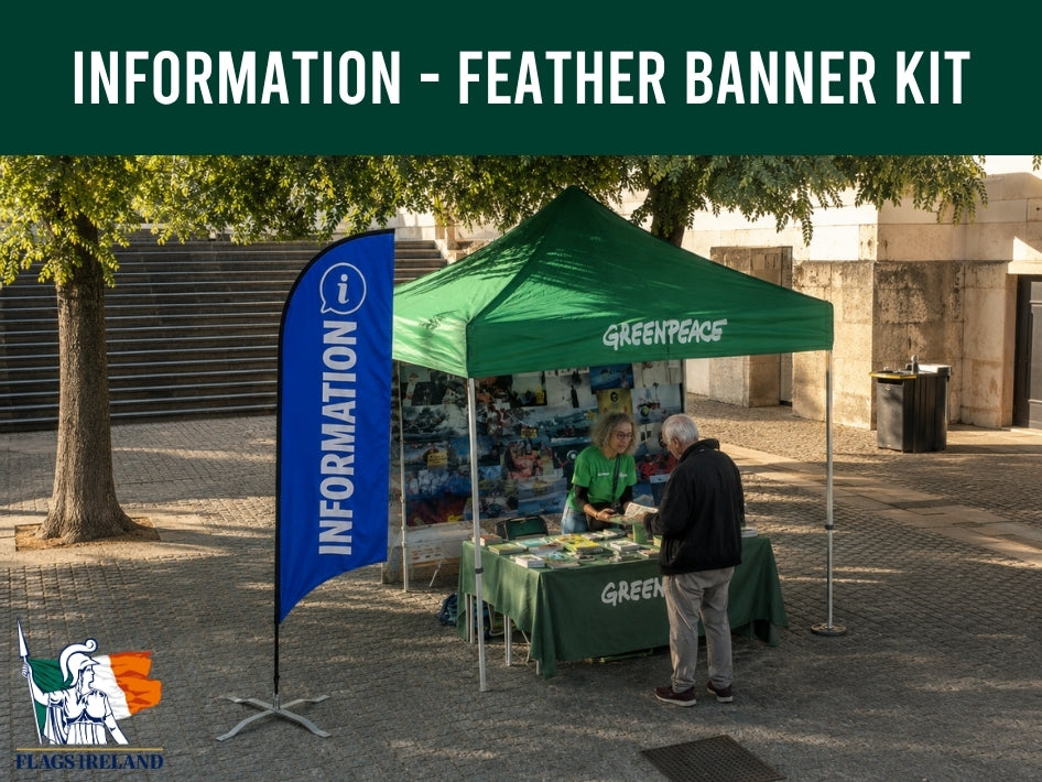  information booth with a feather banner in an outdoor setting