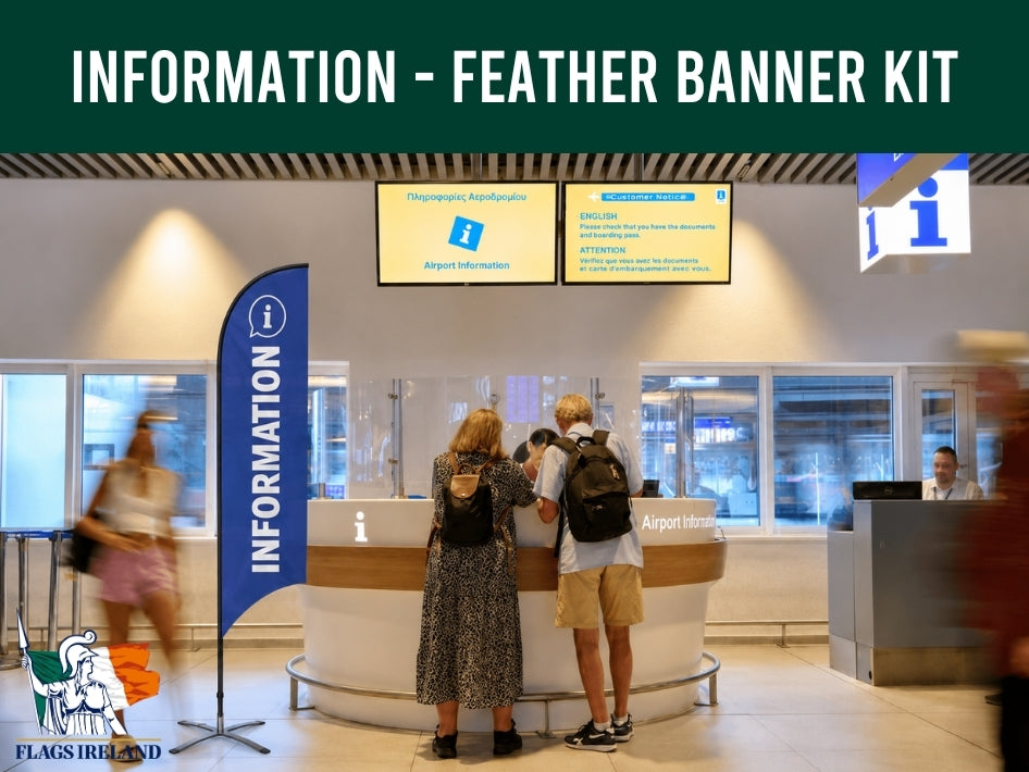 Feather banner with 'Information' text in an indoor setting, possibly an airport or information desk.