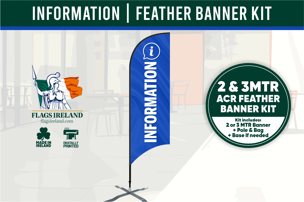 Feather banner kit with 'Flags Ireland' branding and product details.