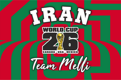 Promotional graphic for Iran's participation in the 2026 World Cup with a stylized design.