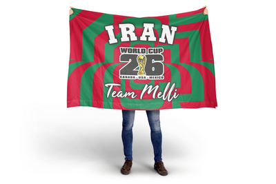 Person holding a large green and red flag with text and graphics on a white background