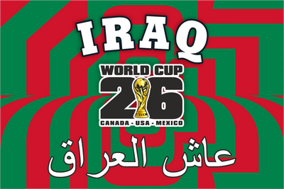 Flag with 'Iraq' and 'World Cup 2016' text on a green and red striped background