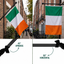 An Irish flag hanging from a black metal wall-mounted flagpole, shown in a split-screen collage. The top half shows the flag in a real outdoor street setting, while the bottom half is a white diagram with green text and arrows explaining mounting angles: 45 degrees upwards and 90 degrees horizontal.