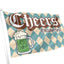 A festive Oktoberfest flag on a white pole, featuring a teal and beige harlequin pattern, a green beer mug with a shamrock, and the words 'Cheers' and 'Oktoberfest'.