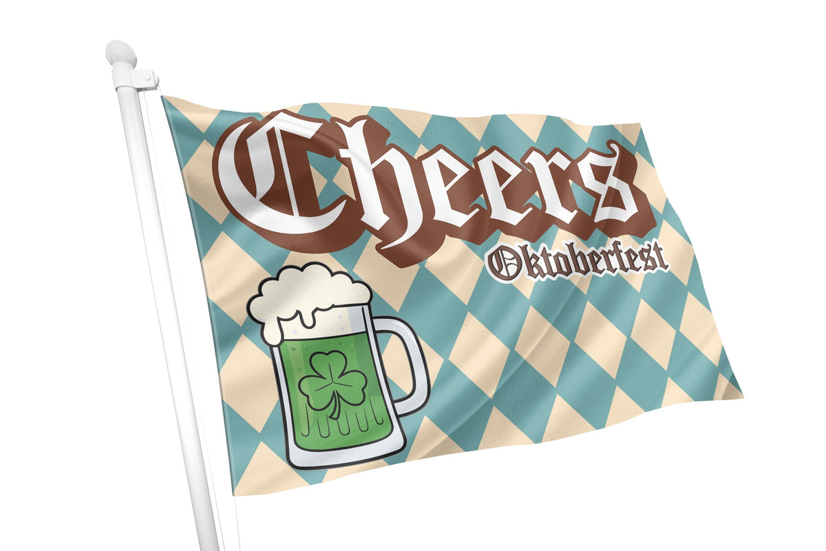A festive Oktoberfest flag on a white pole, featuring a teal and beige harlequin pattern, a green beer mug with a shamrock, and the words 'Cheers' and 'Oktoberfest'.