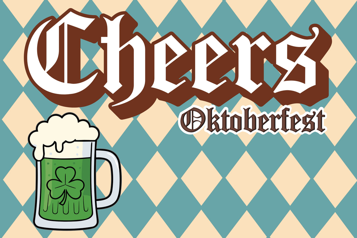 St Patrick's Day themed Oktoberfest graphic with the word 'Cheers' in a brown and white gothic font, 'Oktoberfest' below it, and a green beer mug with a shamrock on a beige and teal harlequin patterned background.
