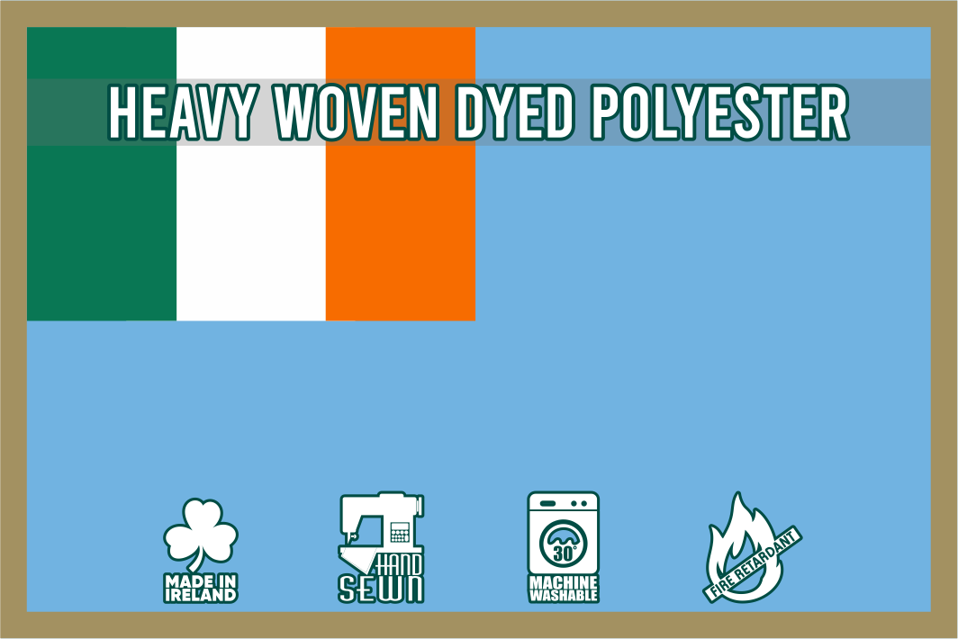 HEAVY WOVEN DYED POLYESTER Irish Ensign with colour swatches and icons on a blue background. Made In Ireland, machine washable.